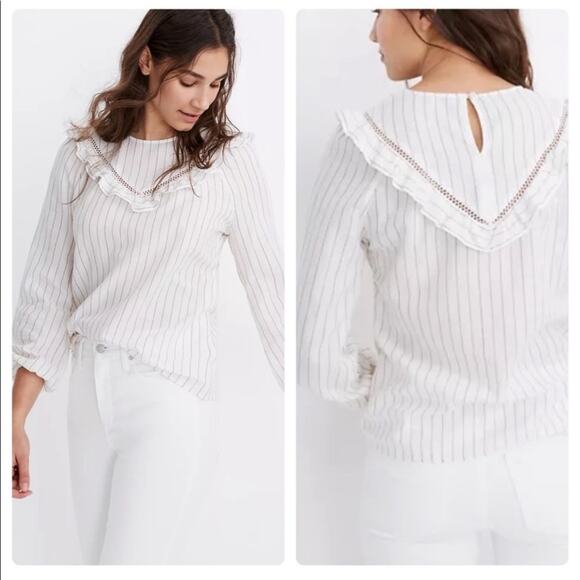 Madewell Ruffle-Yoke Prairie Top in Pinstripe - Picture 1 of 13